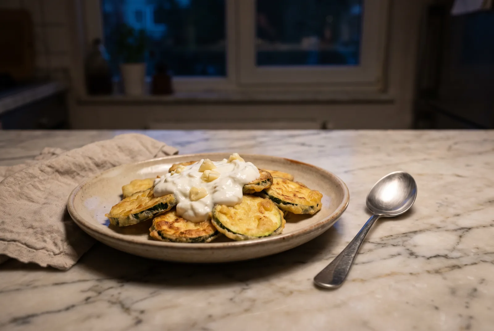 Fried Zucchini with Garlic Yogurt Sauce