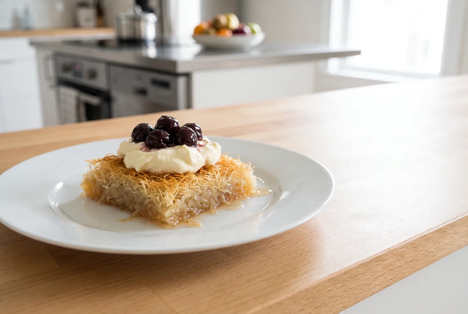 Sour Cherry Ekmek Kadayifi | Turkish Syrup-Soaked Dessert with Clotted Cream