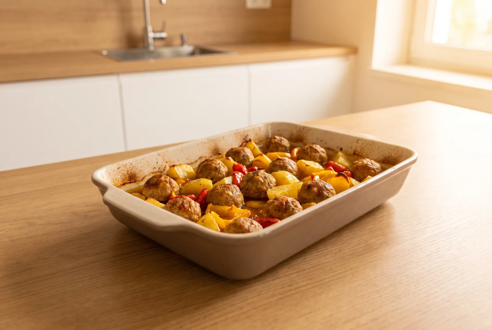 Fırında Köfte — Turkish baked meatballs with vegetables.