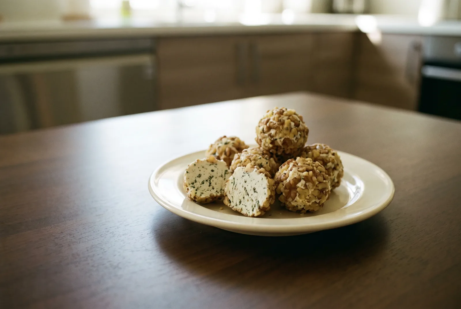 Walnut-coated white cheese balls — no-cook picnic snack