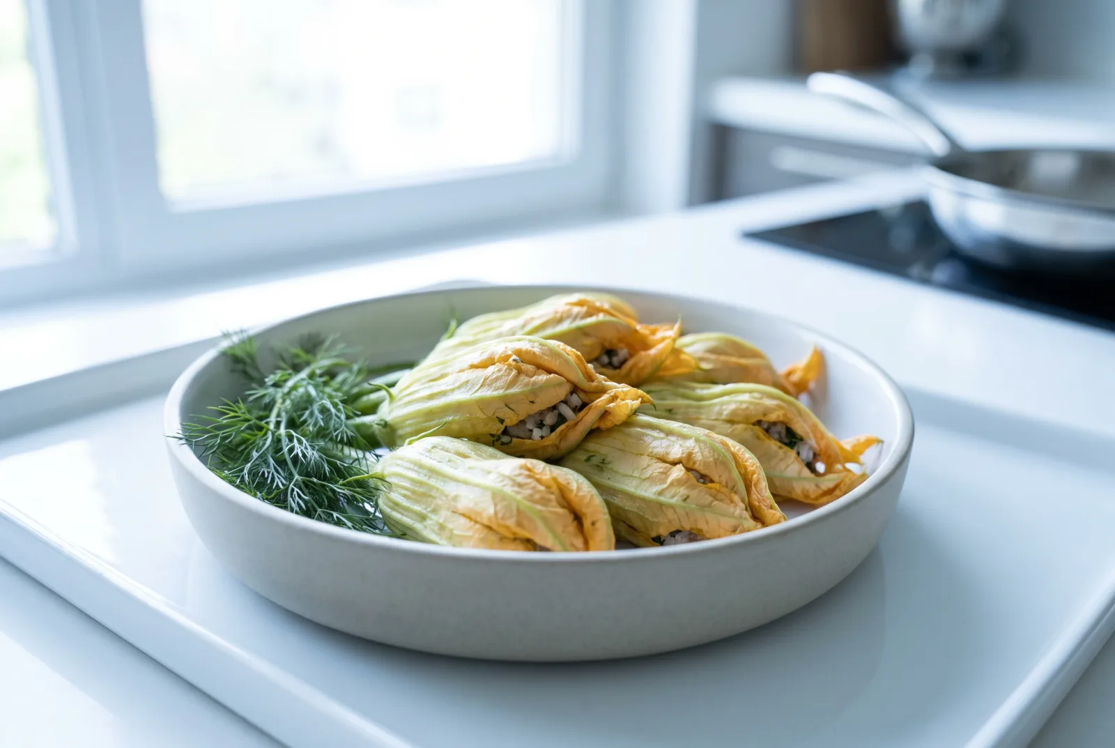 Stuffed Squash Blossoms | Ground Meat Filling with Mint and Dill