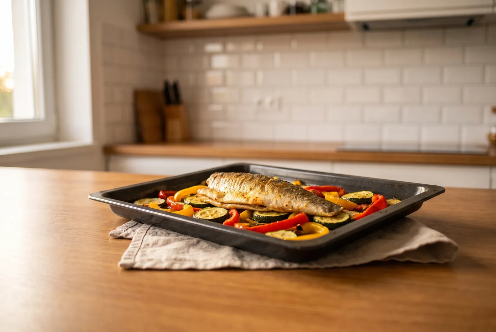Fırında Levrek Fileto — One-tray baked sea bass fillets with zucchini and pepper