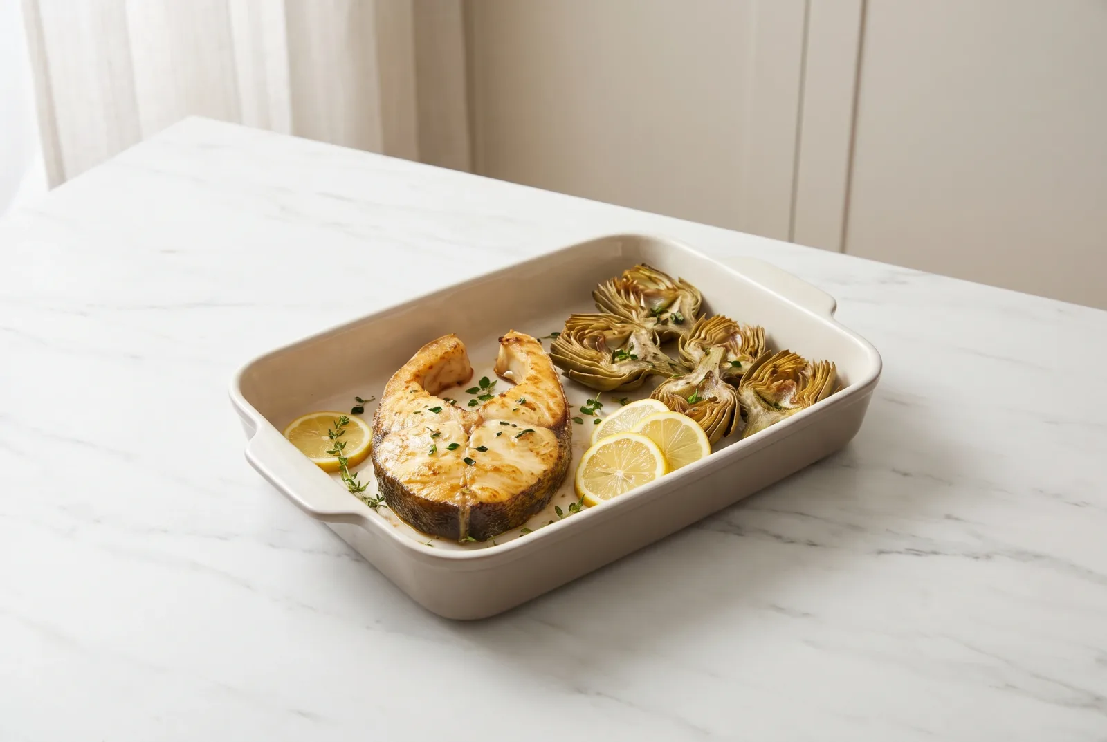 Fırında Torik — baked bonito with olive oil and artichokes