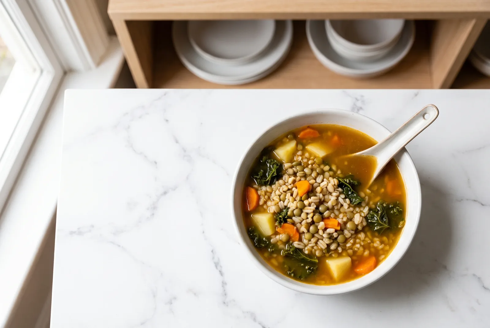 Whole-Grain Vegetable Soup with Olive Oil | Barley, Bulgur, and Green Lentils