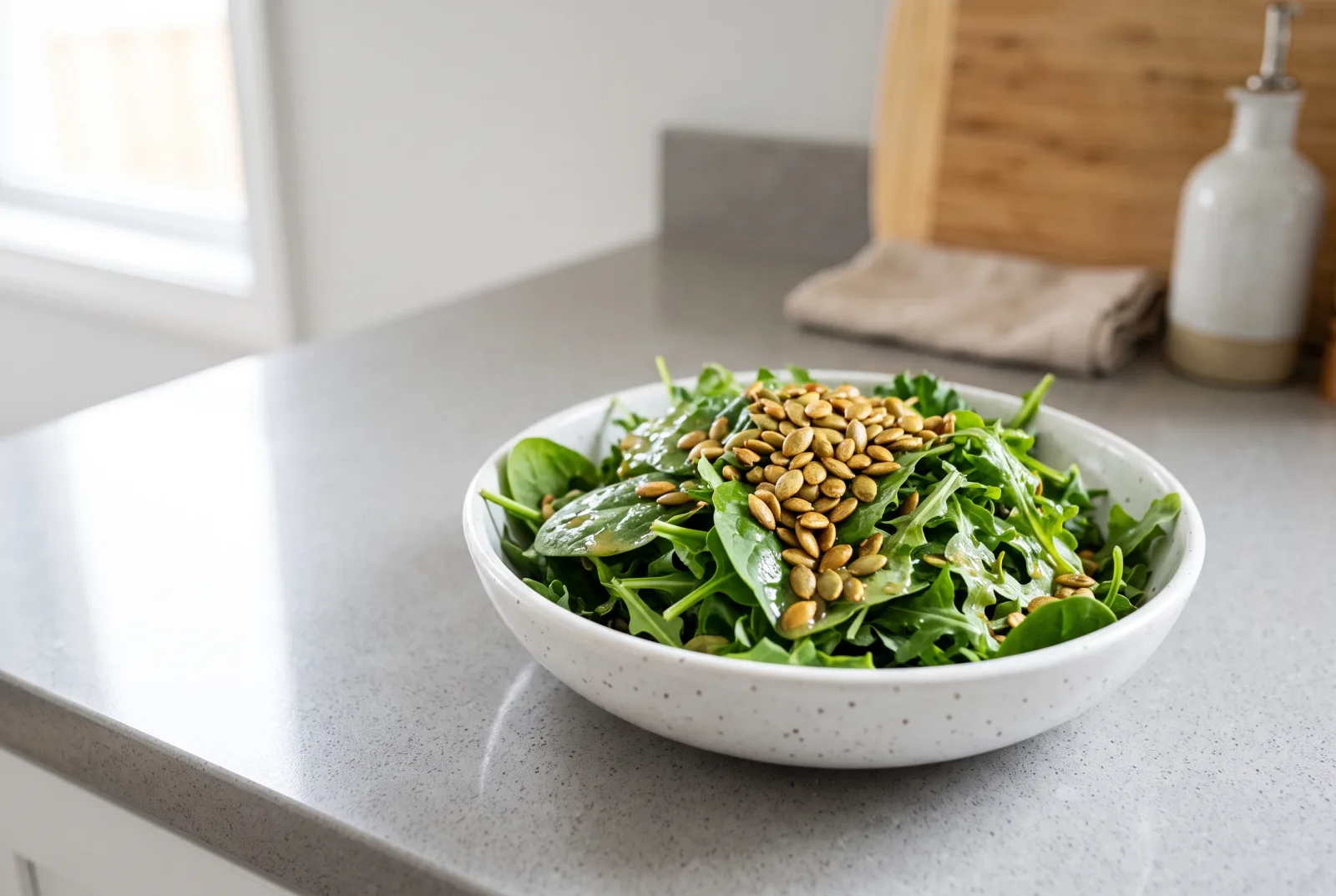 Mixed Greens Salad with Pumpkin Seeds | Roasted Seeds and Lemon Dressing