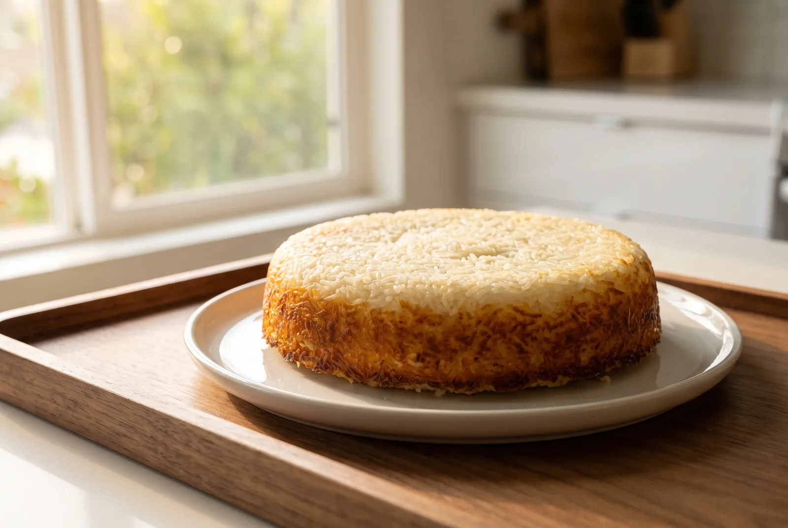 Leftover rice tahdig — A molded pilaf with a golden crust
