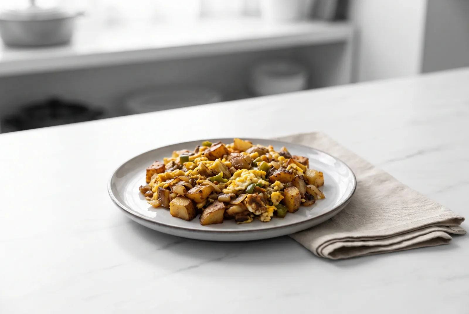 Canadian-style leftover potato and egg sauté — A late-night snack with maple syrup