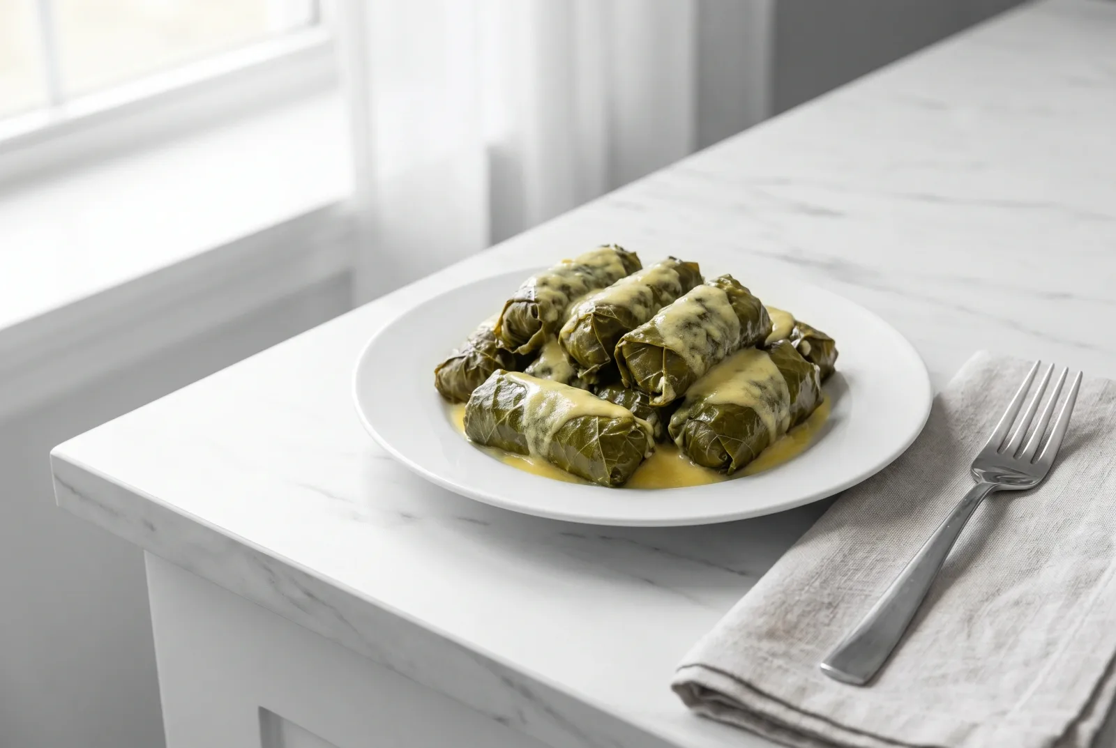 Dolmadakia — Greek lamb-stuffed vine leaves with egg and lemon sauce