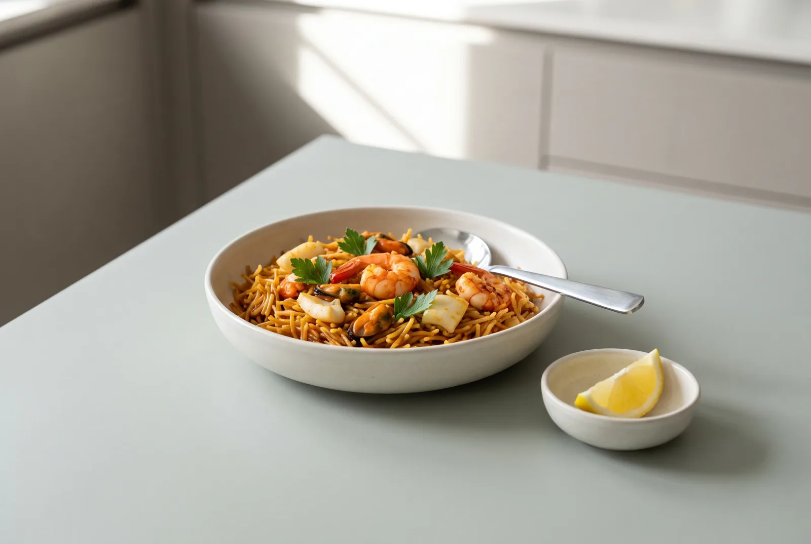 Fideuà — Spanish-style wholewheat pasta with leftover fish stock