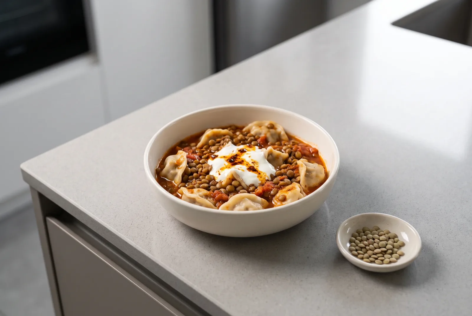 Pressure-Cooked Lentil Manti | Served with Garlic Olive Oil