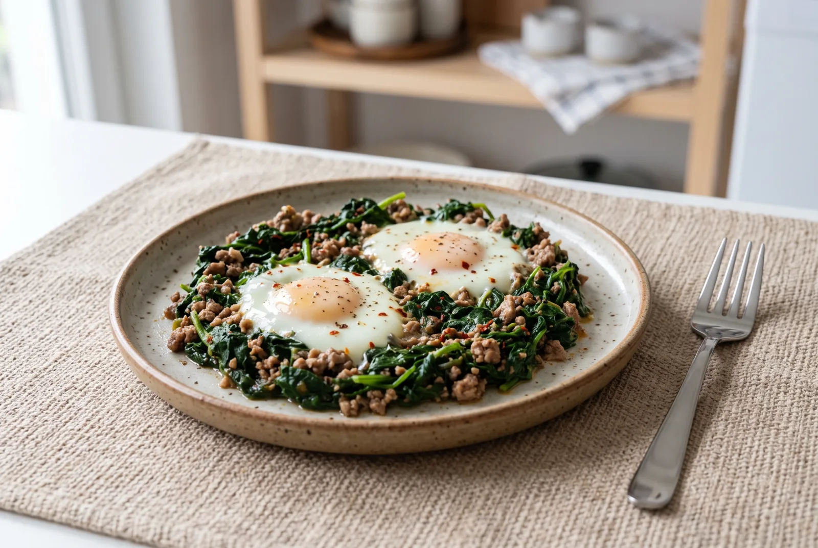 Spinach and Ground Meat with Eggs | Pressure-Cooker Breakfast Skillet