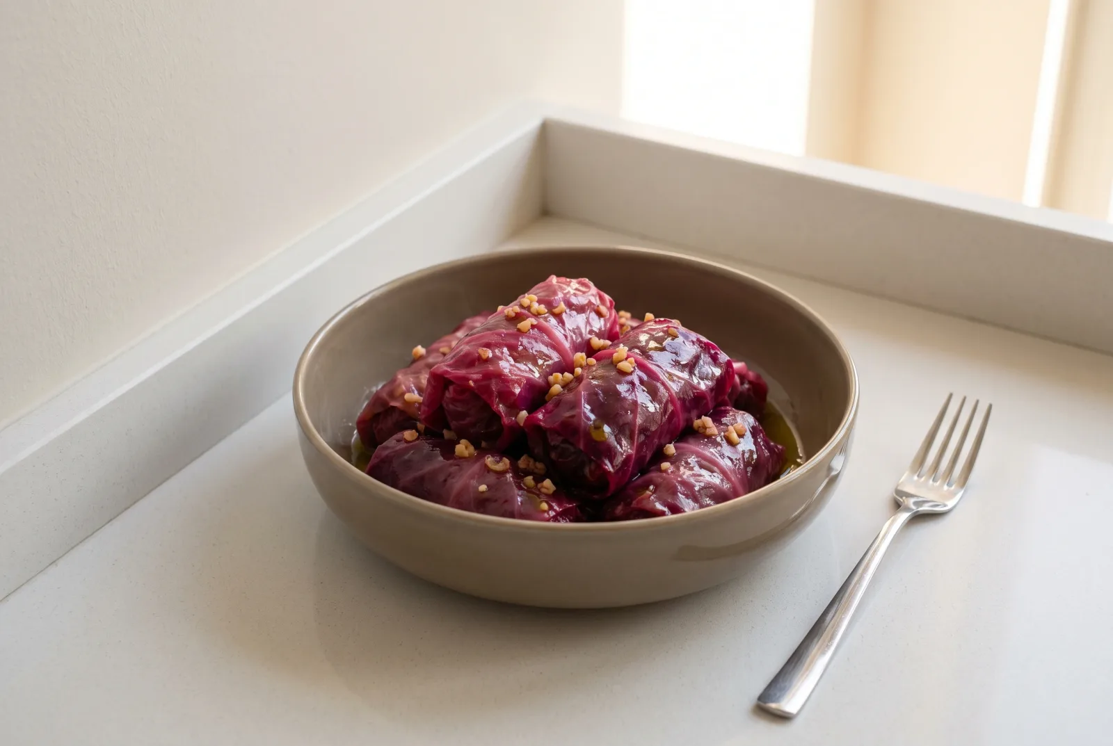 Red Cabbage Rolls with Leftover Bulgur Pilaf