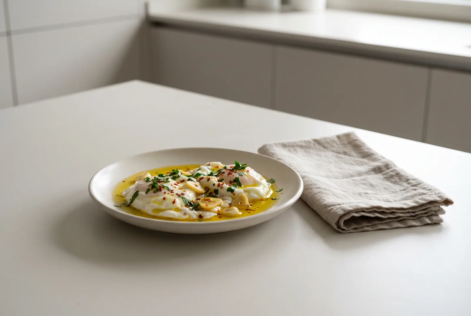 Zeytinyagli Cilbir — Poached Eggs with Garlic Yogurt and Olive Oil