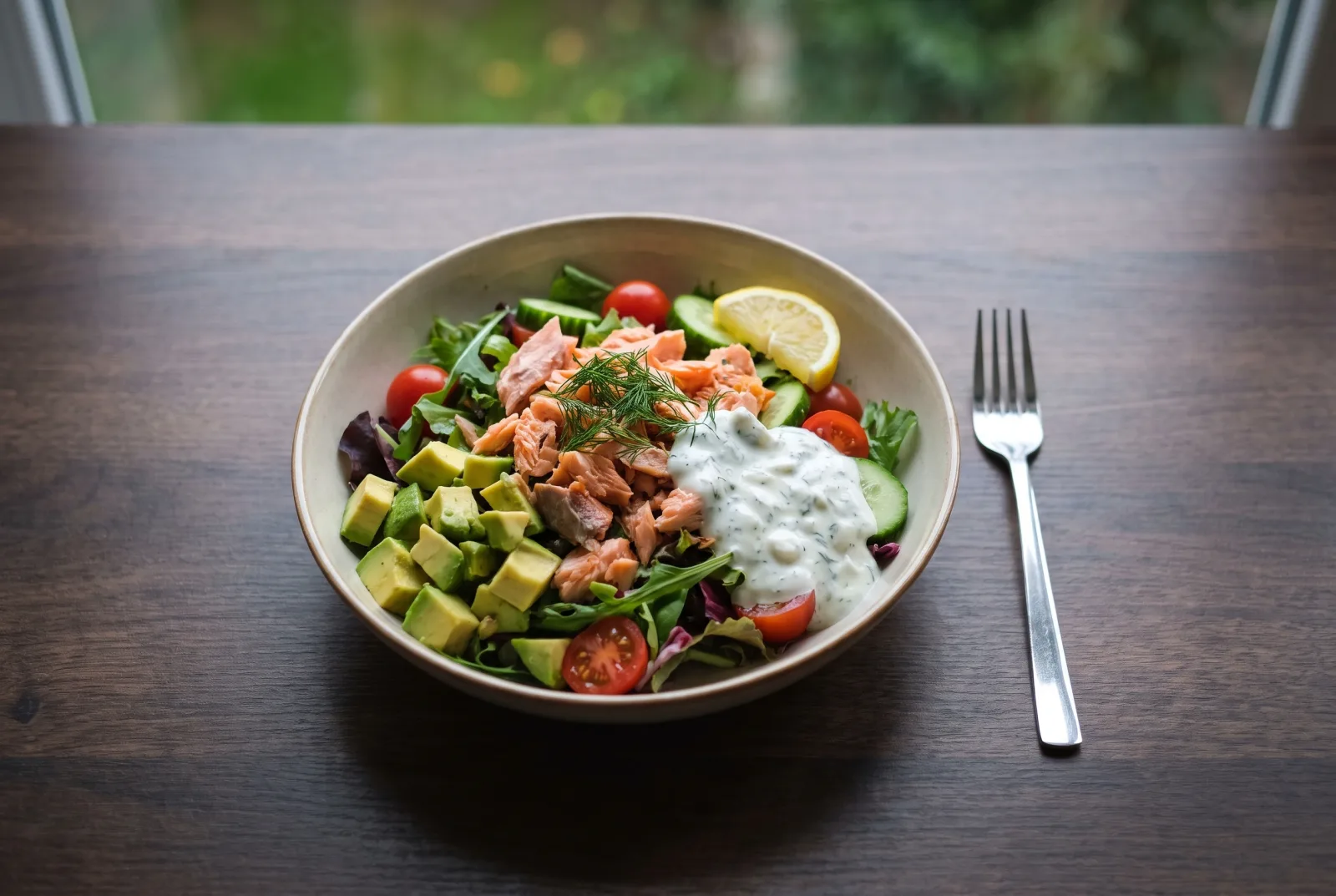 Leftover Salmon and Avocado Salad | Light Salad with Lemon Yogurt Dressing