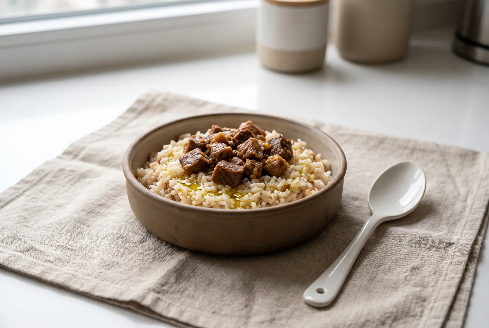 Kavurmali Pilaf | Olive Oil Rice with Turkish Meat Preserve in a Pressure Cooker