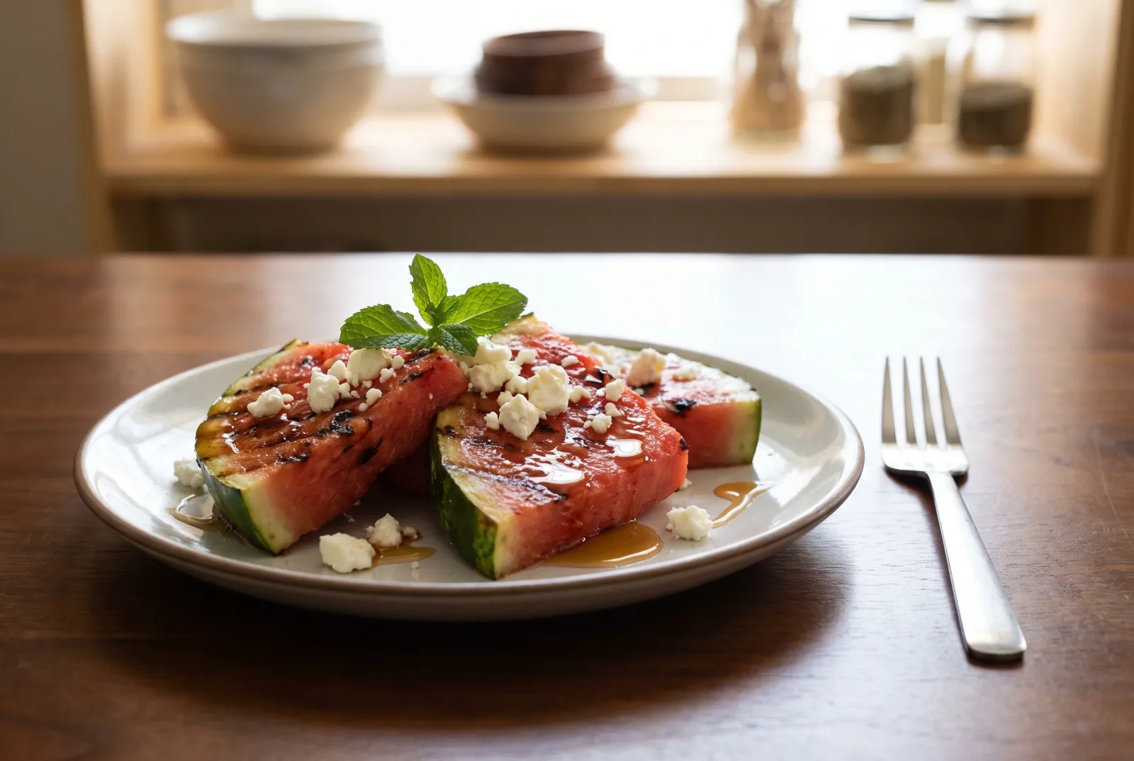 Grilled Watermelon with Turkish White Cheese and Honey-Balsamic Glaze