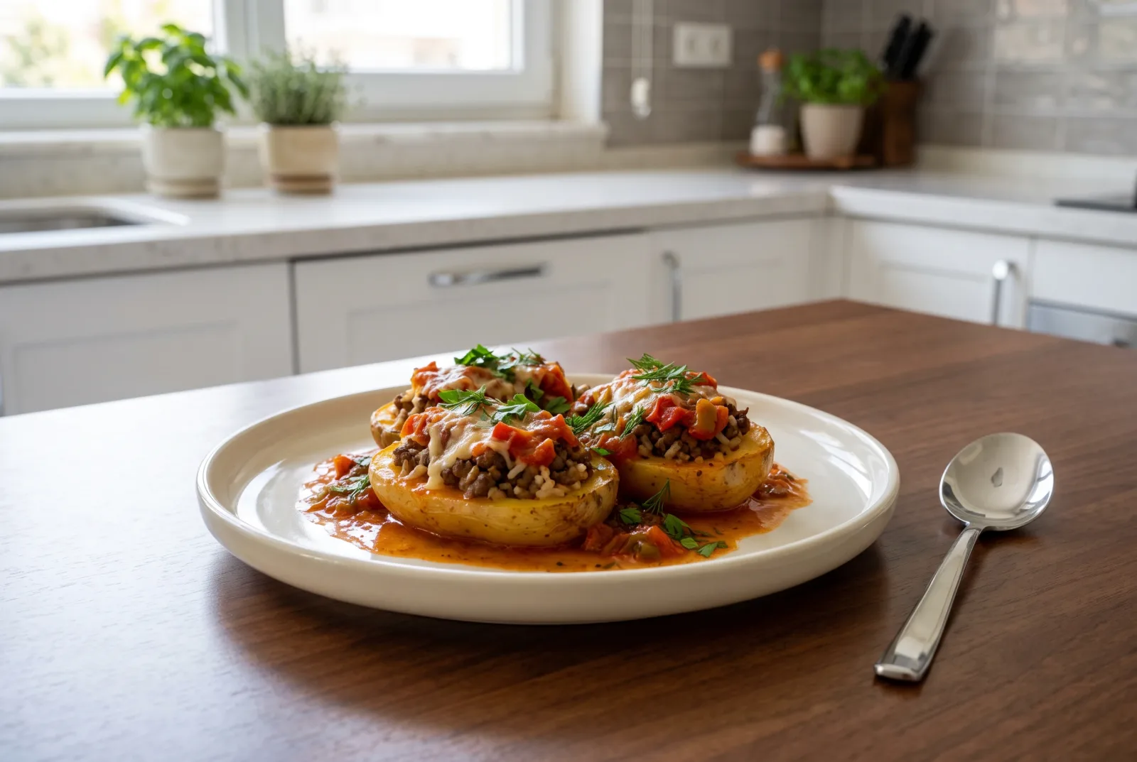 Meat-Stuffed Potatoes | Baked in Tomato Sauce