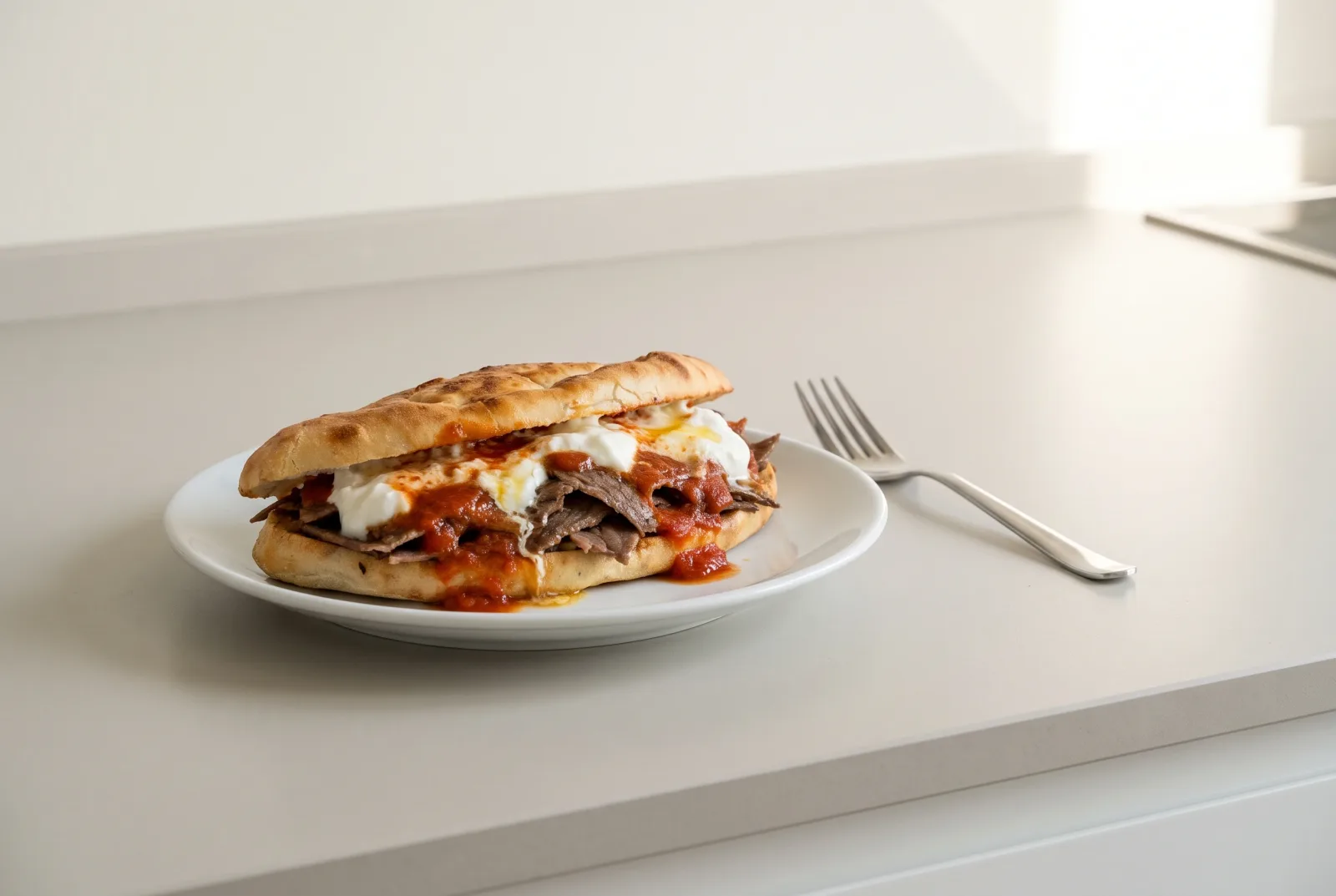 İskender Usulü Ekmek Arası — döner-style sandwich with tomato sauce and butter