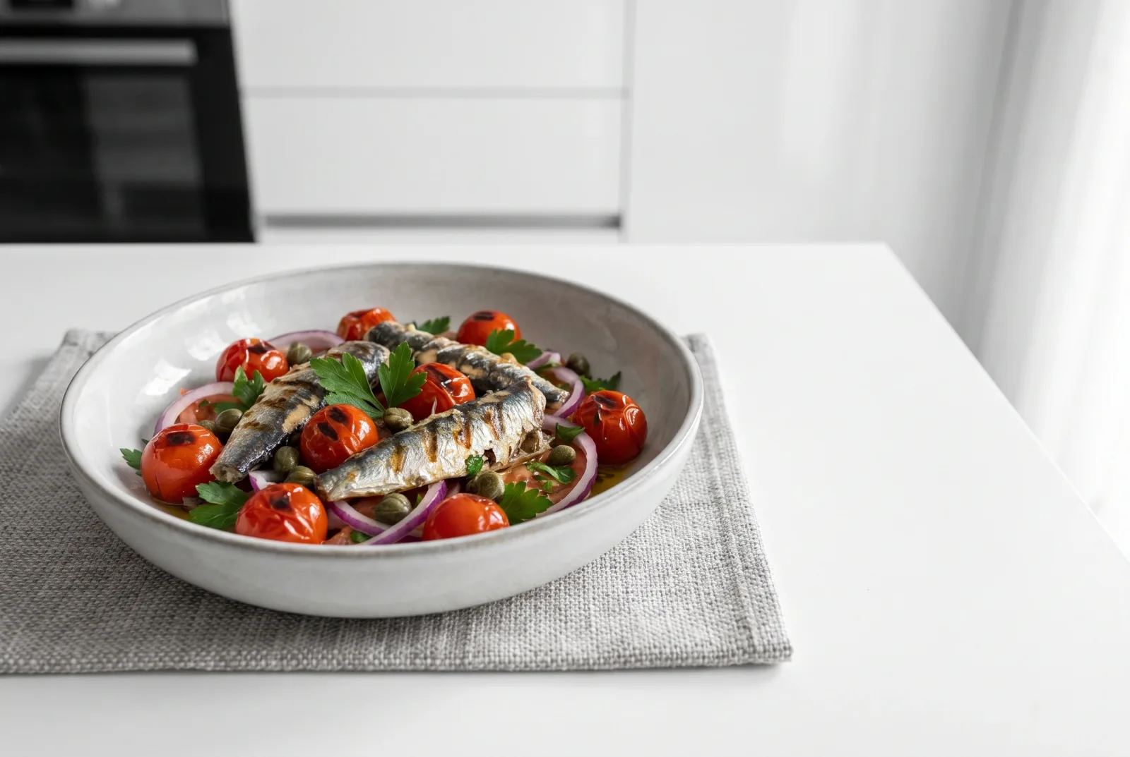 Grilled Sardine Vinagrete Salad | Brazilian Tomato Salad with Charred Sardines