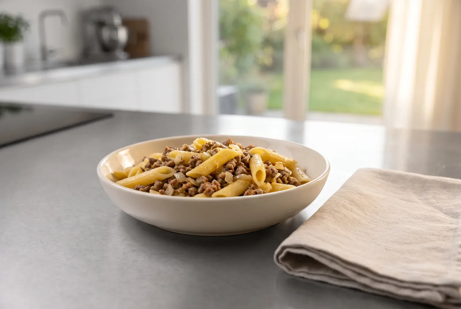 Makarony po-Flotski | Ukrainian Homestyle Pasta with Ground Beef and Onions