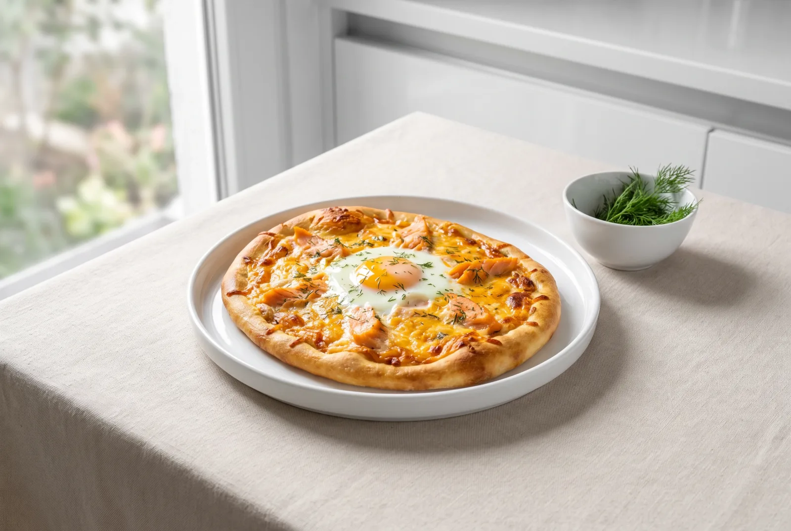 Cheddar and smoked salmon breakfast pizzas with eggs
