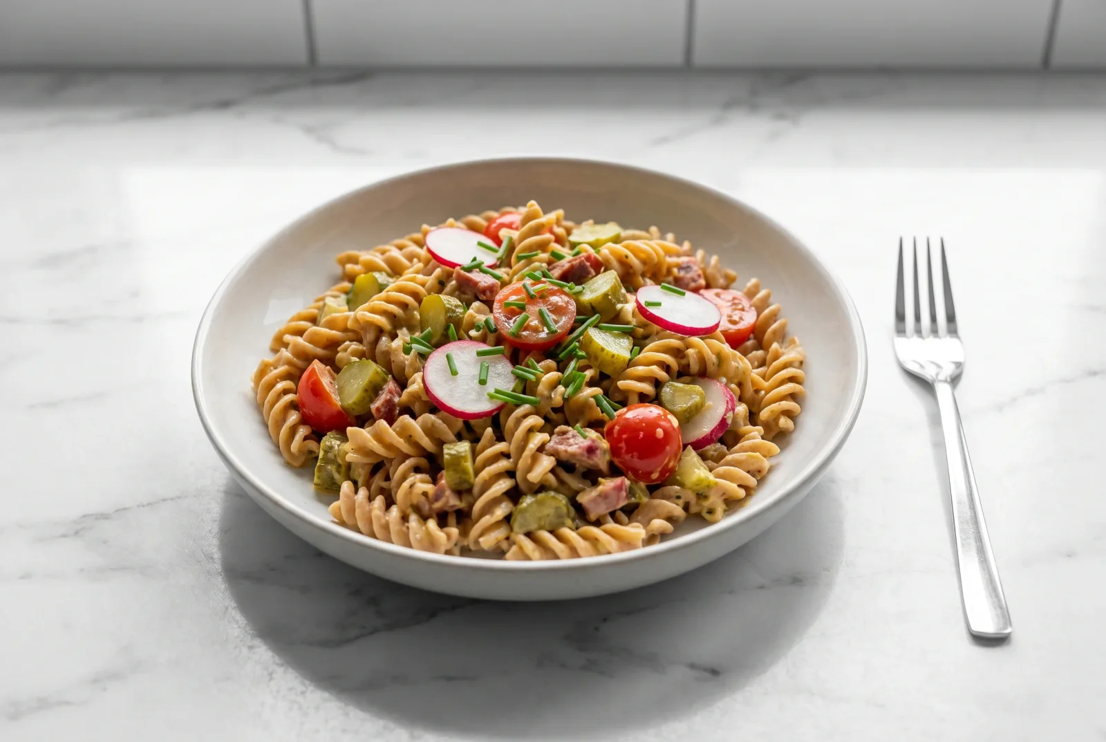 German Whole-Wheat Pasta Salad (Nudelsalat) | Mustard Vinaigrette