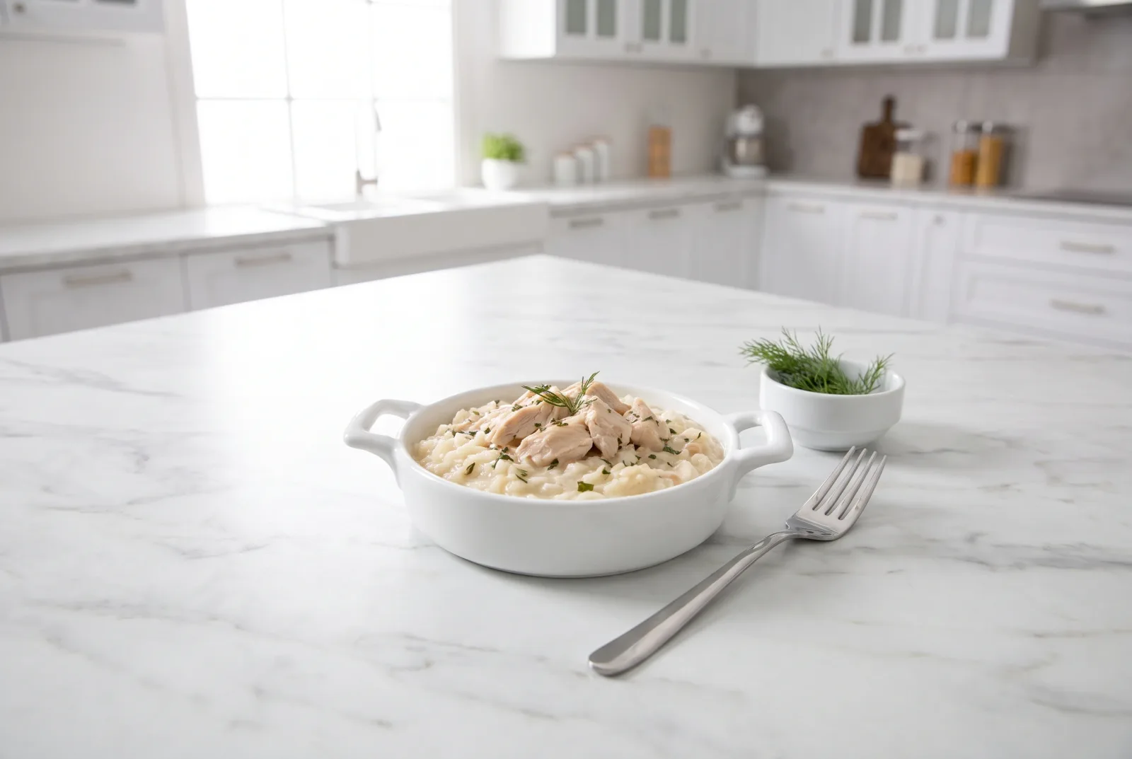 Chinese-style chicken rice porridge with crisp air-fried onions — A breakfast bowl