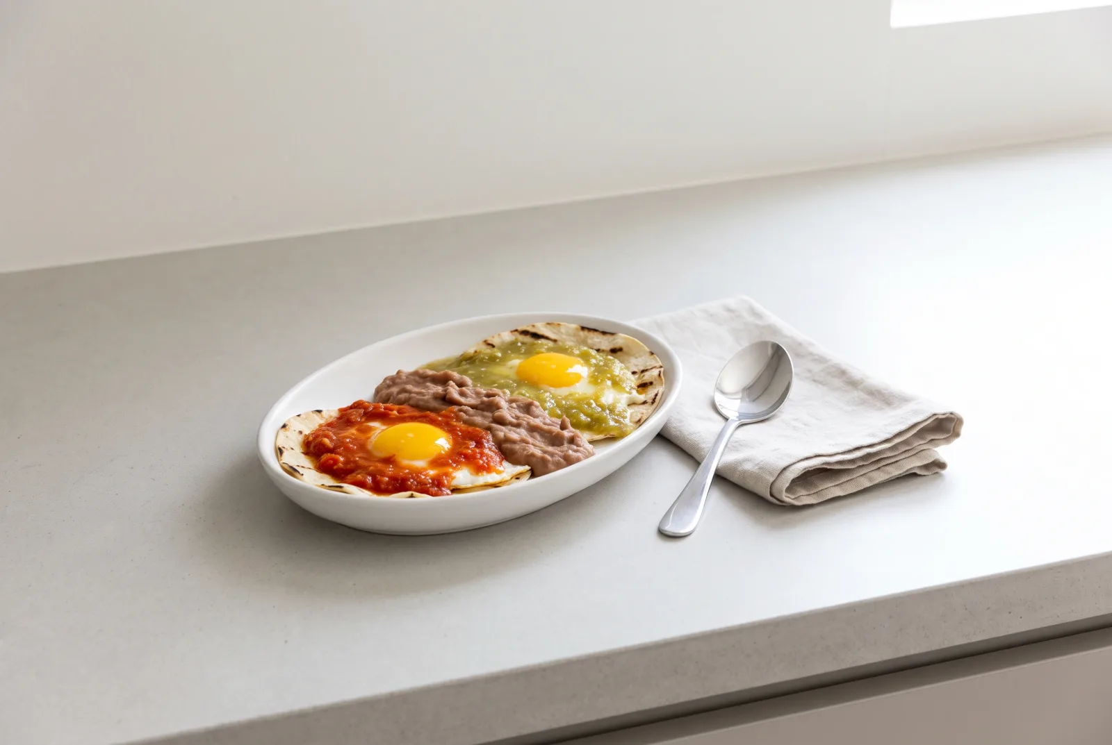 Huevos Divorciados — Mexican eggs with separate red and green sauces