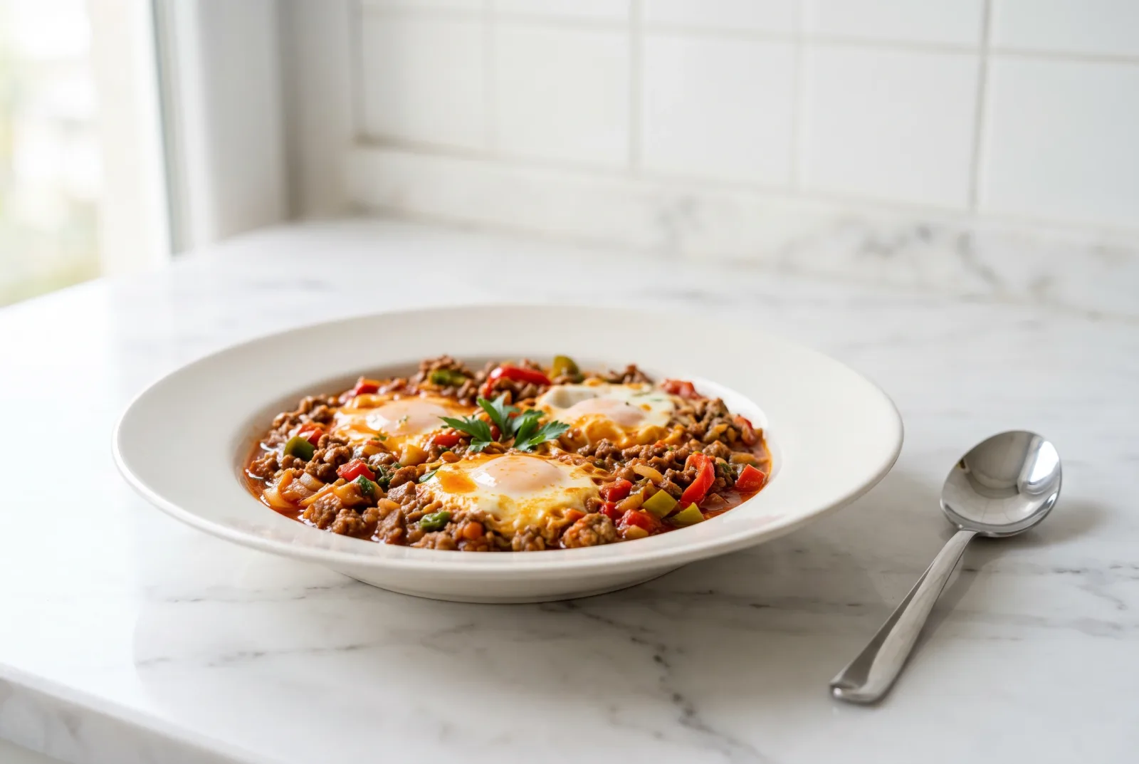 Qeema bi Beid — Iraqi Spiced Beef and Eggs in Tomato Sauce