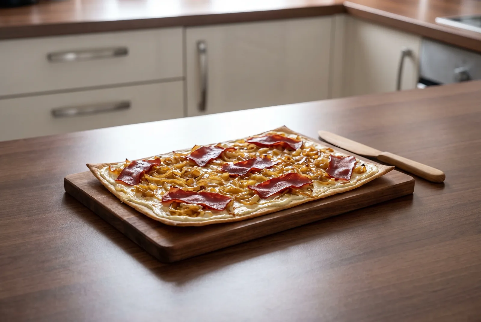 Alsatian-Style Thin Flatbread | Crème Fraîche, Caramelized Onions, and Beef Pastirma