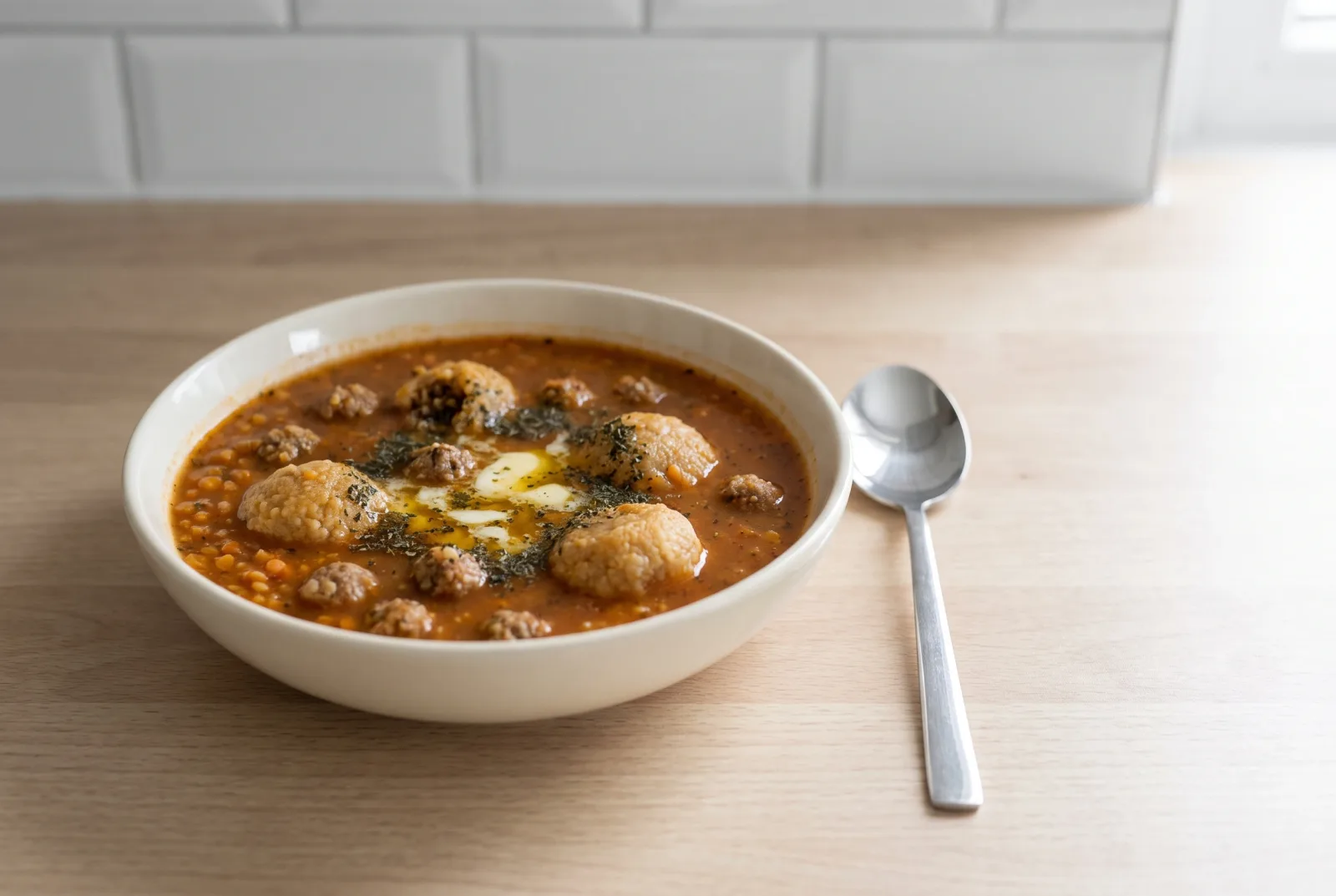 Analı Kızlı (Turkish Lentil and Bulgur Dumpling Soup) | Yogurt-Topped Bowl
