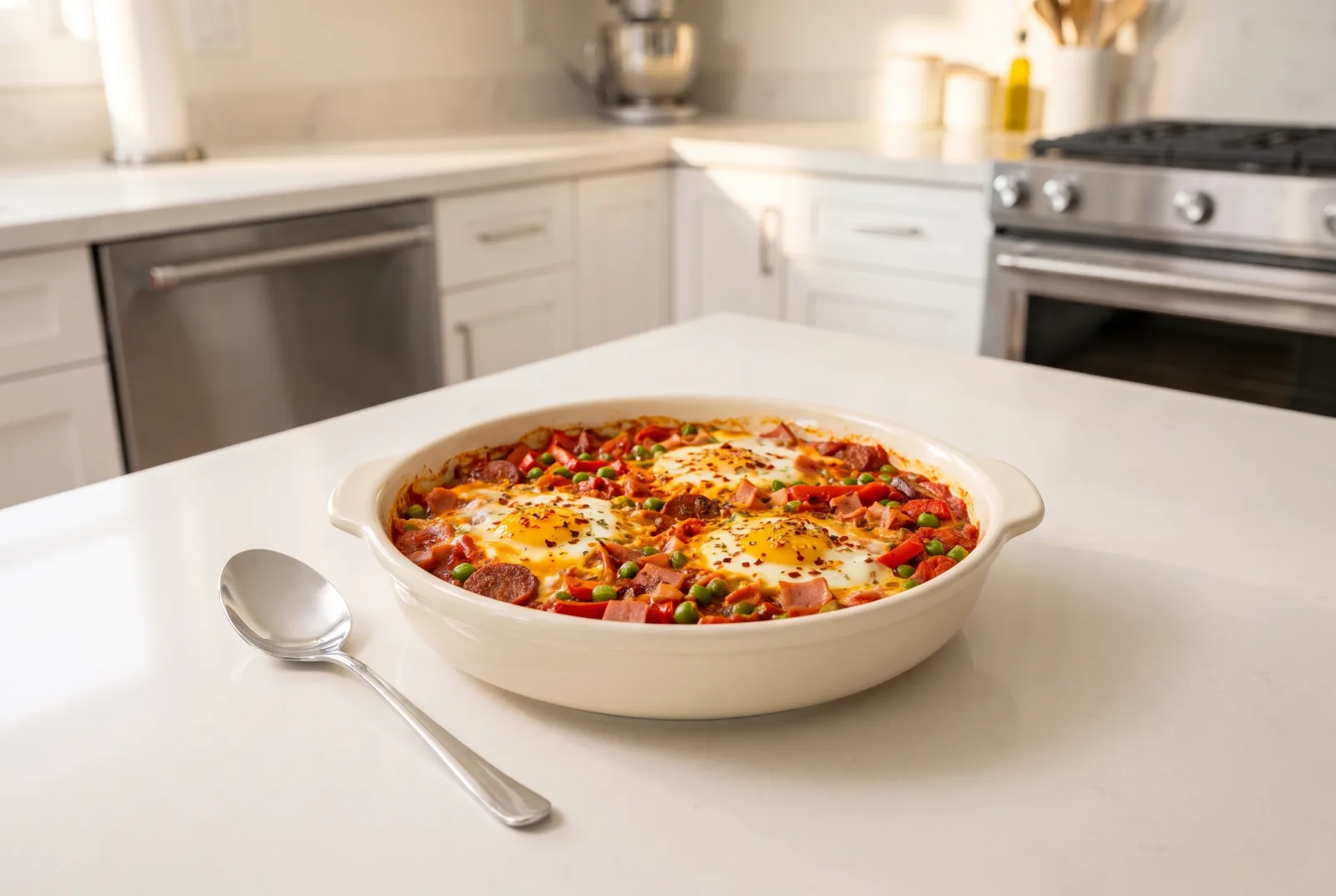 Huevos a la Flamenca (Andalusian-Style Baked Eggs) | Spicy Tomato Sauce with Peas and Sausage