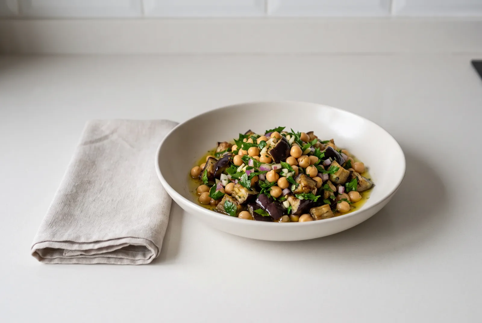 Roasted Eggplant and Chickpea Salad | With Grilled Peppers and Olive Oil