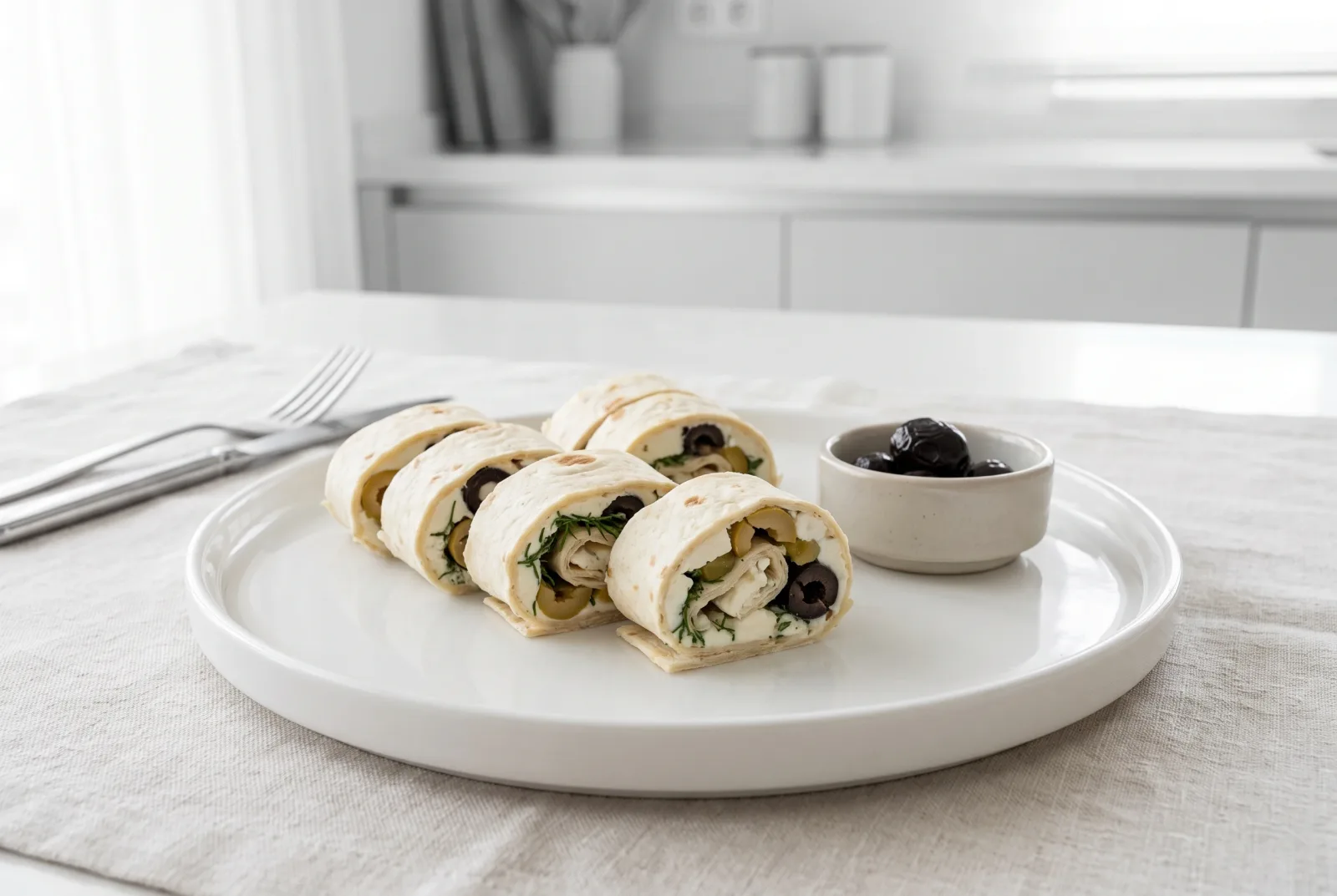 Zeytinli Peynirli Lavaş Rulo — Olive and cheese lavash pinwheels; quick party sandwiches