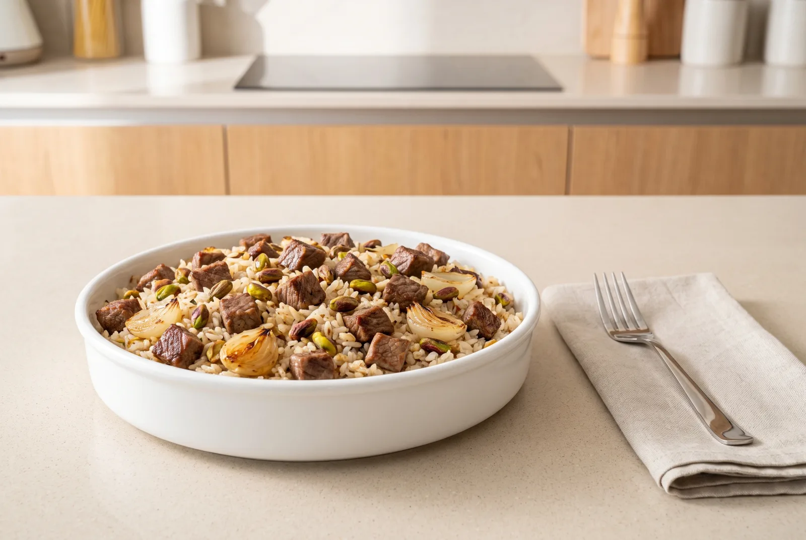 Pistachio Beef Pilaf | Rice with Sautéed Onions and Olive Oil