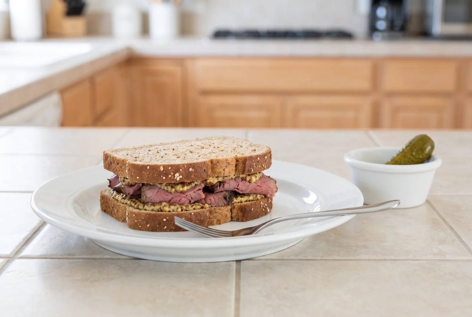 German-Style Leftover Roast Beef Sandwich with Mustard and Pickles