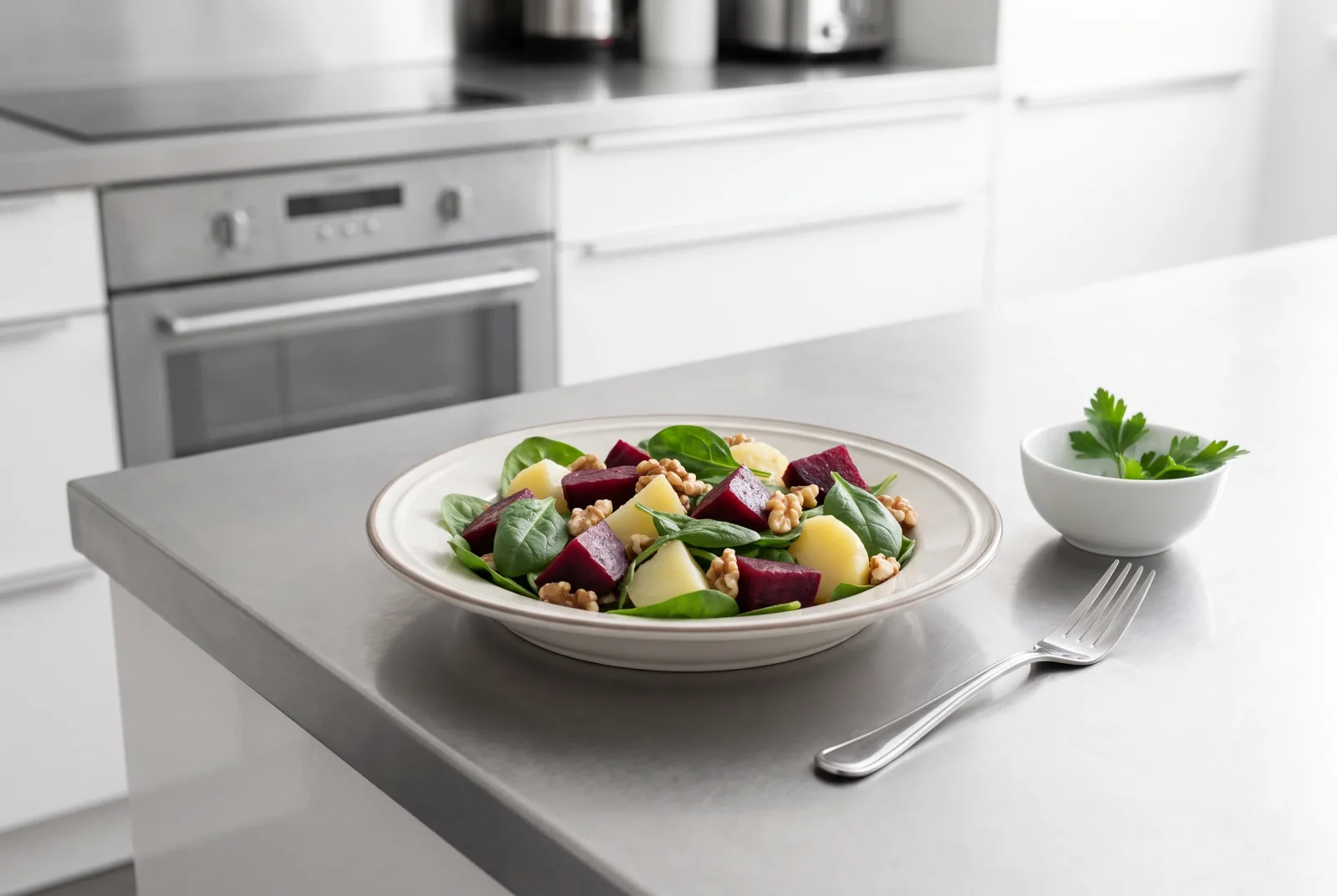 British-Style Pressure-Cooked Beet Salad — Spinach and Walnut Brunch Plate