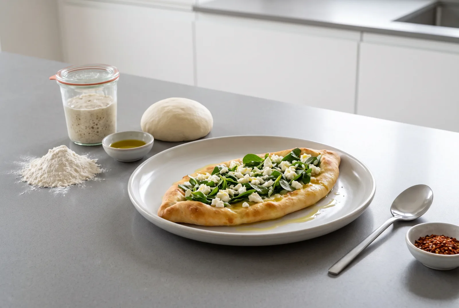 Sourdough Purslane and Curd Cheese Pide | Long-Fermented Artisan Flatbread