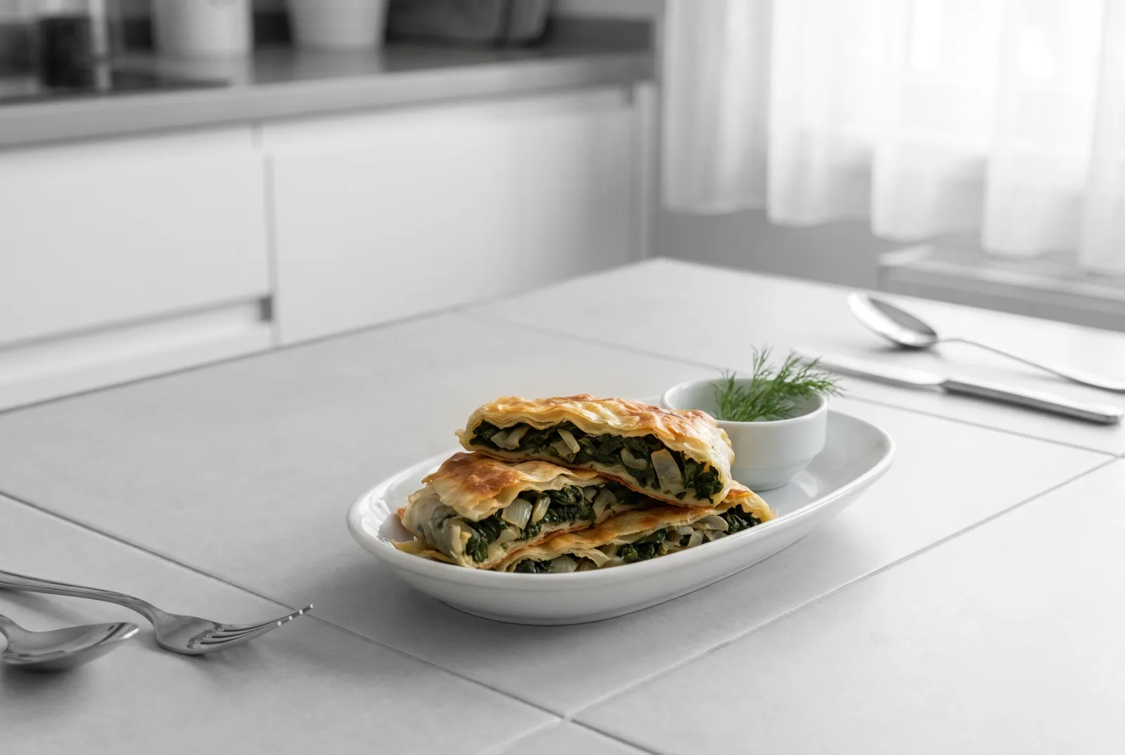 Armenian-style spinach Börek — thin yufka layers with olive oil