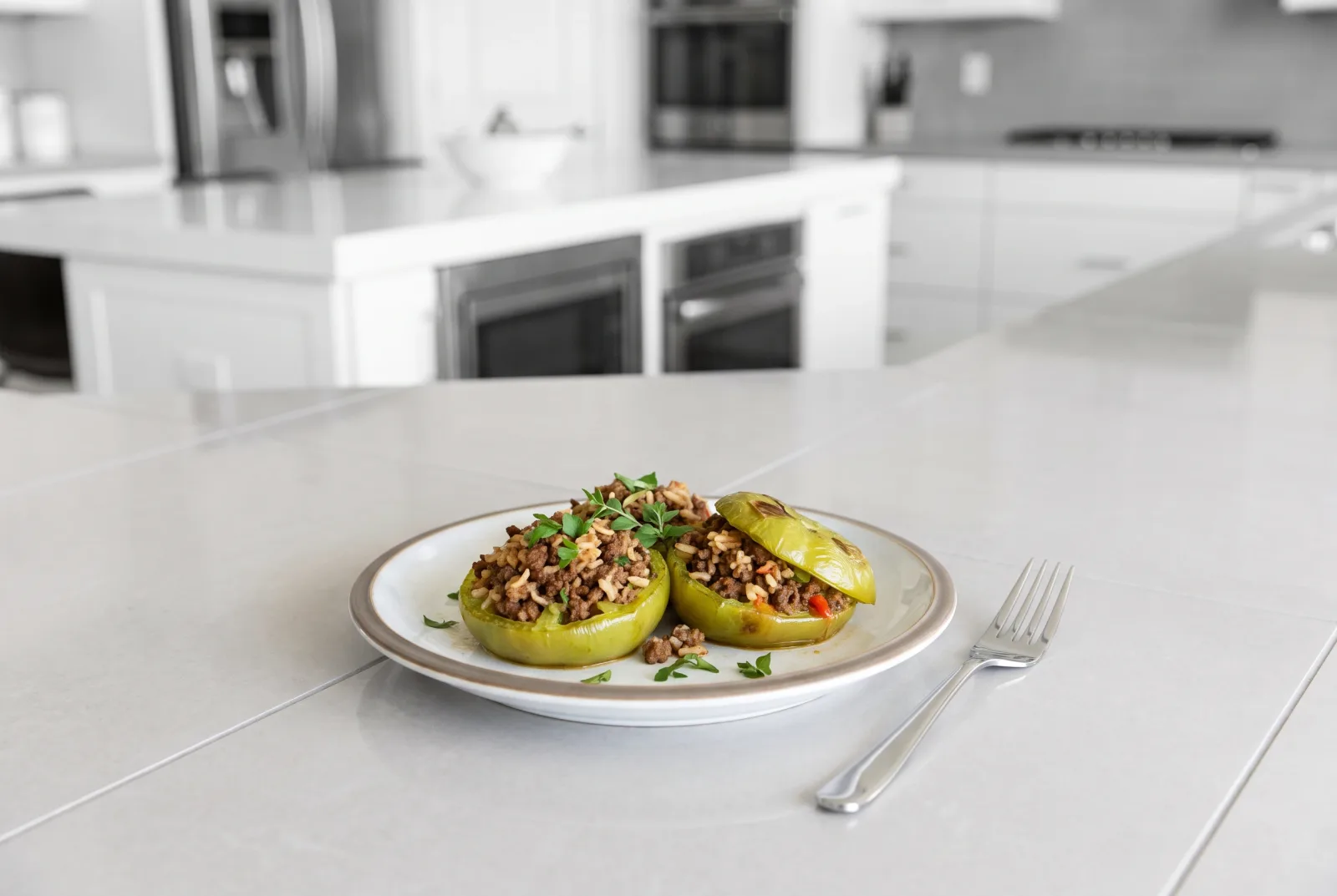 Etli Yeşil Domates Dolması — lighter stuffed green tomatoes with ground beef and a little rice