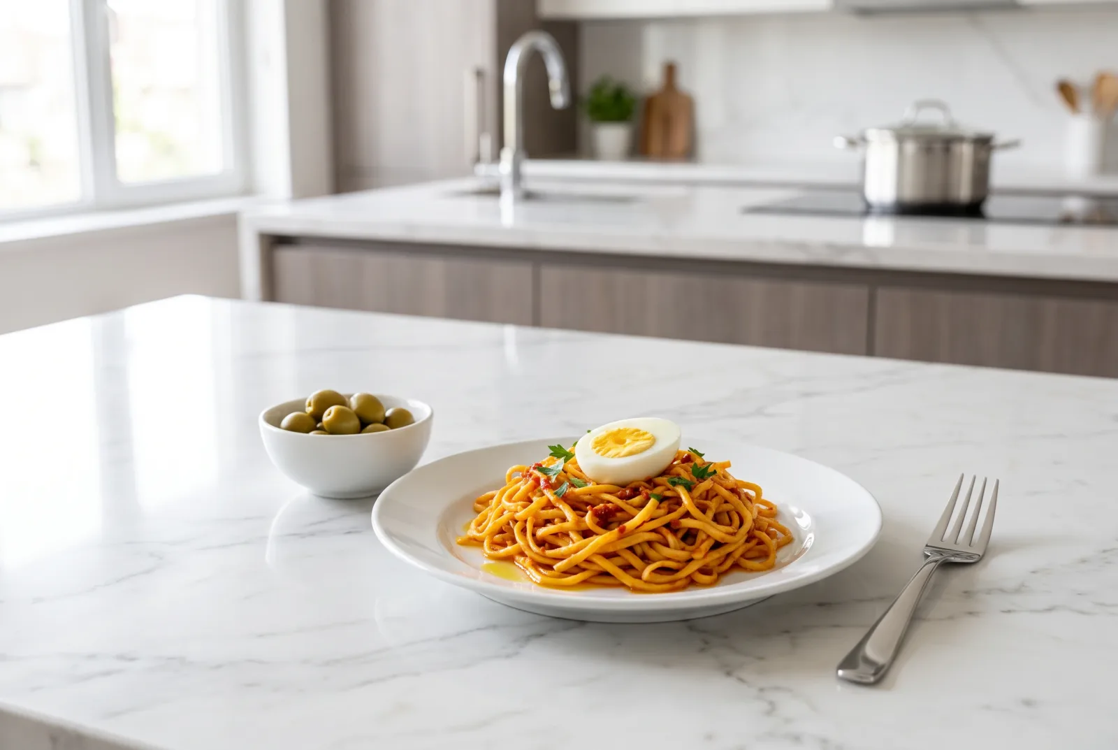 Moroccan-style rechta with harissa — a cold fine-noodle salad