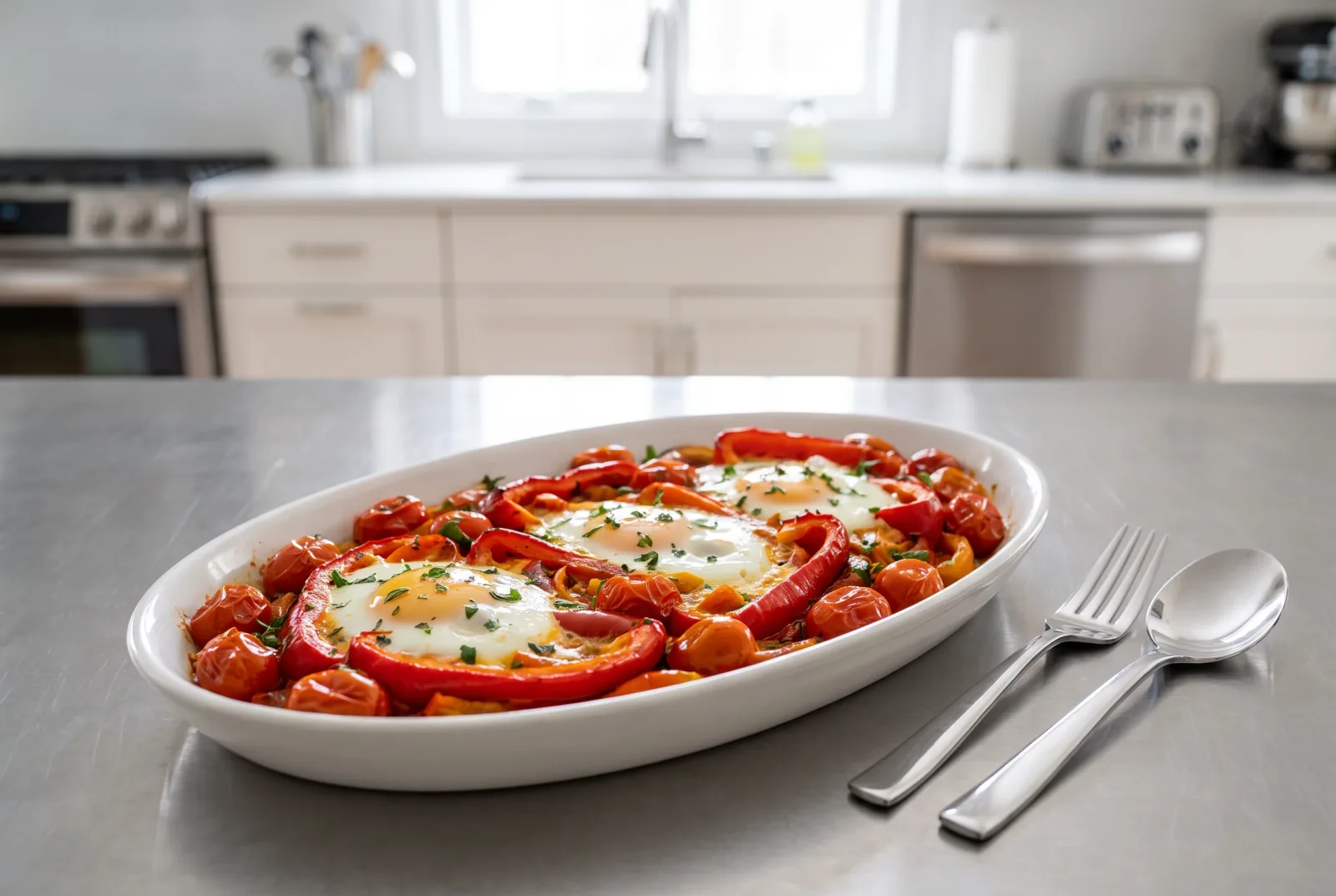 Baked Eggs with Tomato and Bell Pepper | Portuguese-Style Breakfast Skillet