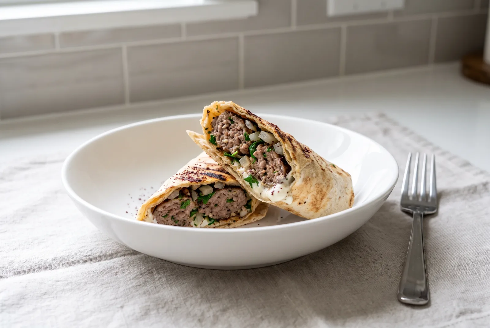Lebanese spiced lamb kafta wraps — thin bread with toum sauce