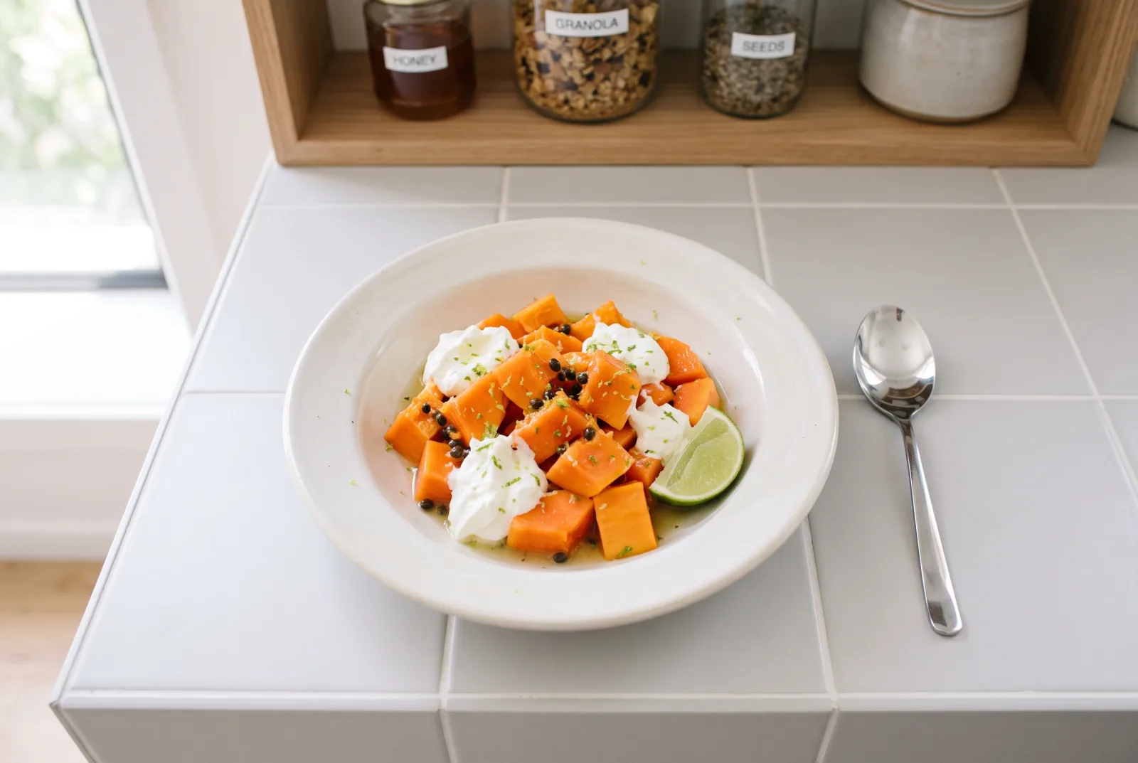 Papaya and Lemon Breakfast Bowl | Brazilian-Style with Strained Cheese, No Added Sweetener