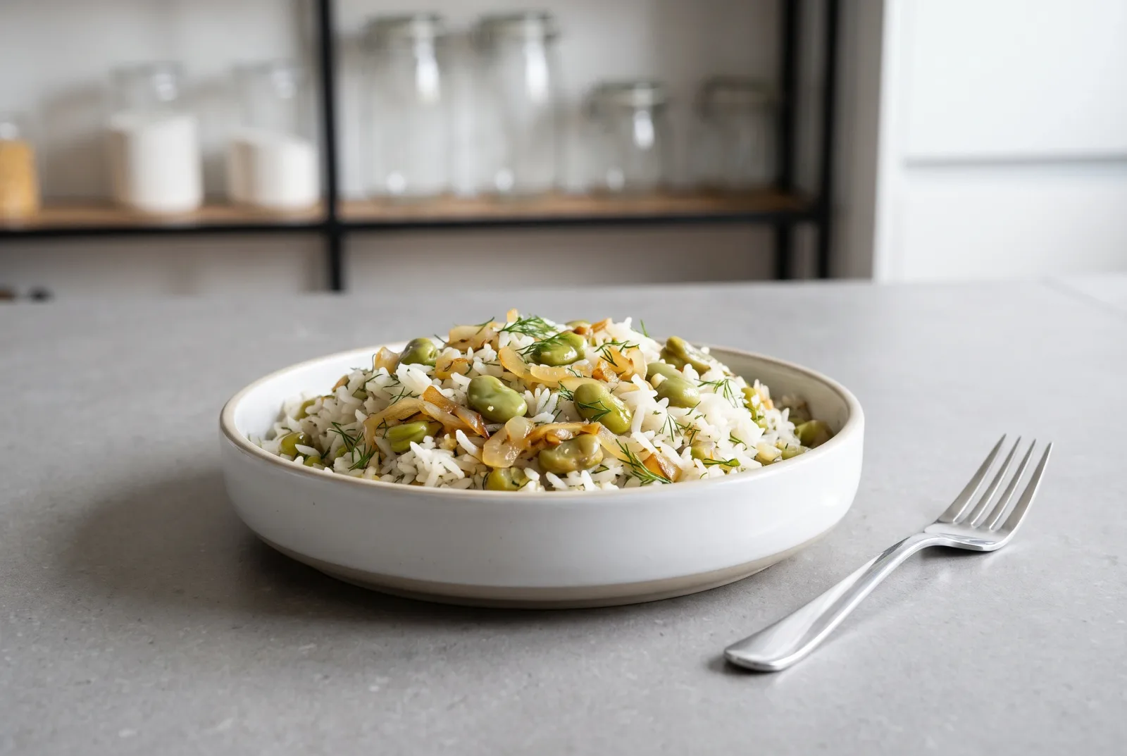 Iraqi Fava Bean Rice Pilaf | With Air-Fryer Toasted Almonds and Dill