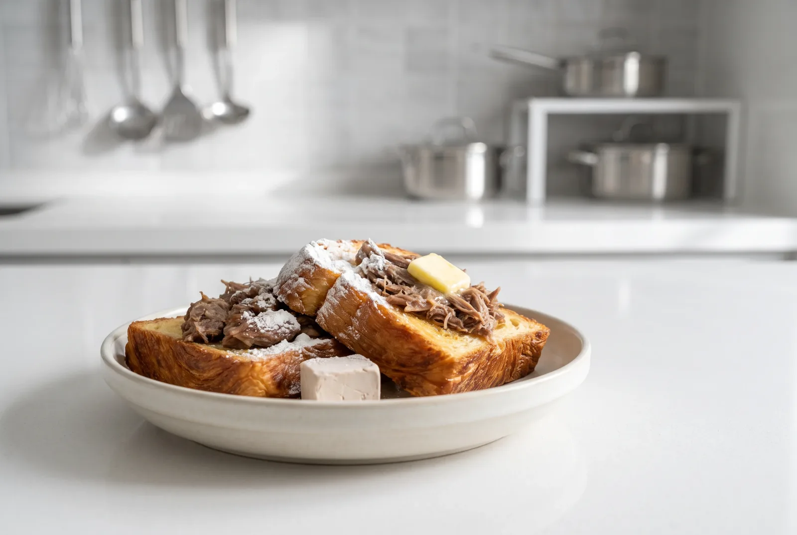 Layered Toasted Bread with Kavurma (Slow-Cooked Beef) and Kashar Cheese