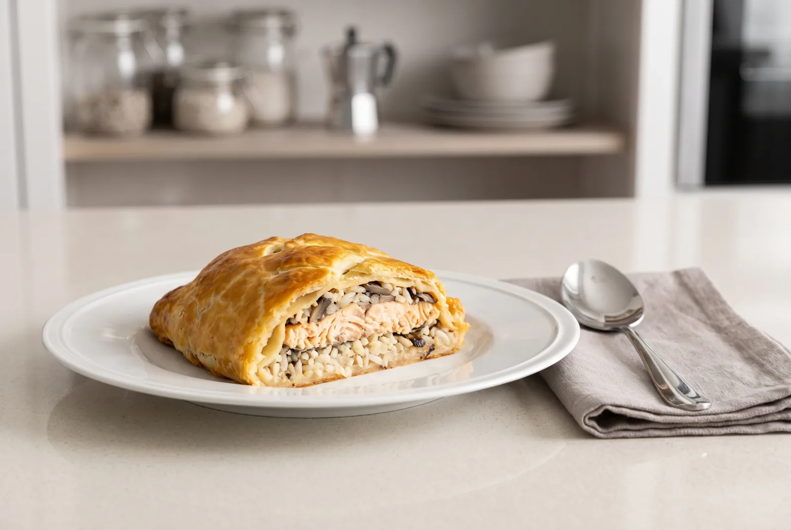 Russian fish kulebyaka — A layered salmon, rice and egg pie