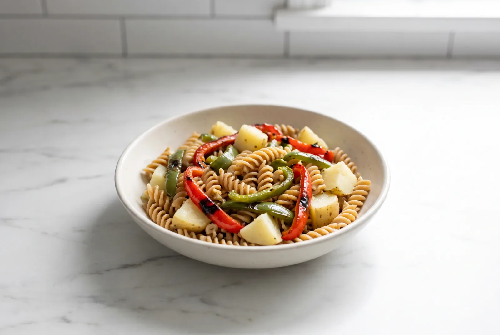 Russian-Style Whole-Wheat Pasta Salad with Grilled Vegetables and Chili (served cold)