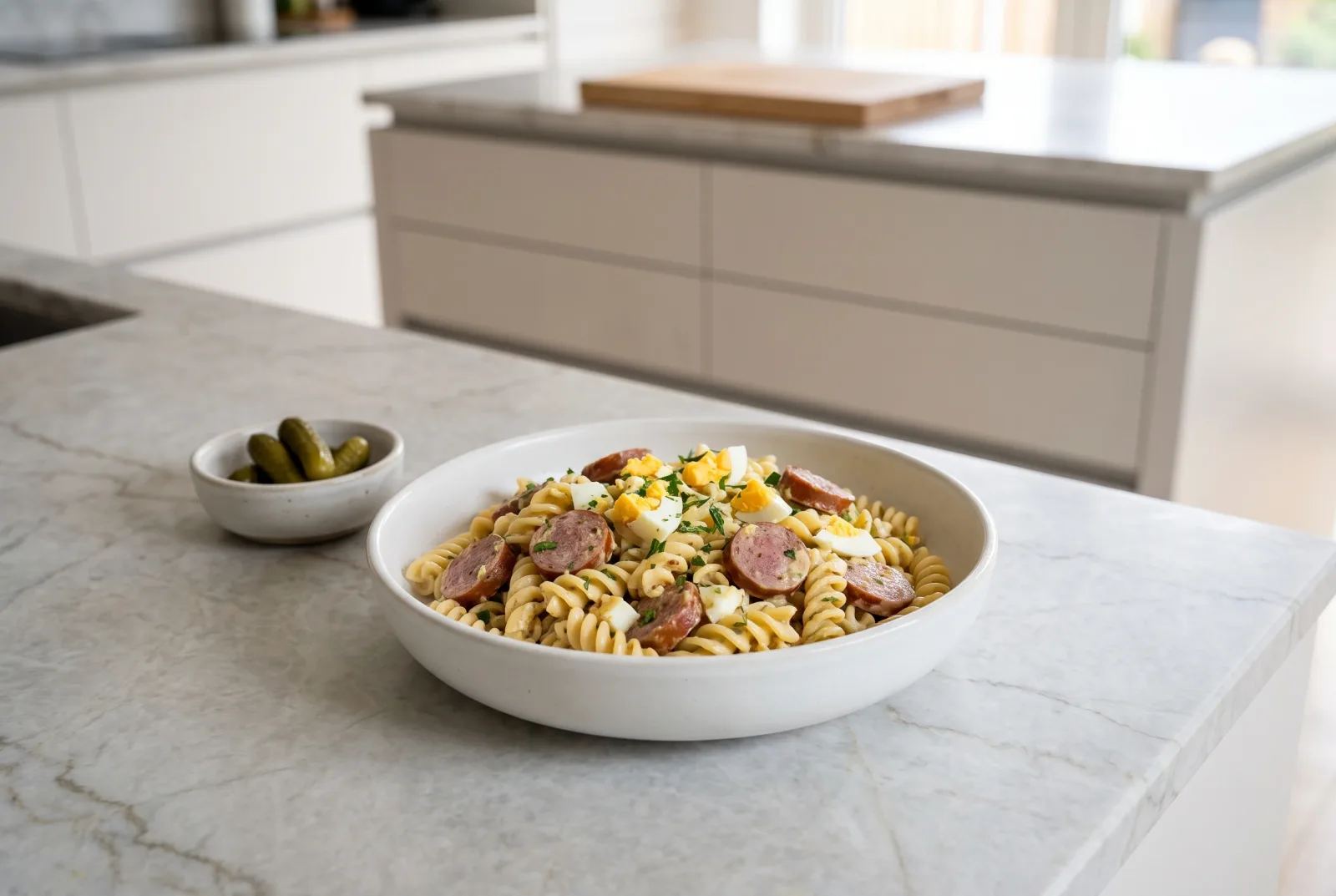 German-Style Cold Pasta Salad with Beef Sausage and Mustard | Bavarian Picnic Favorite