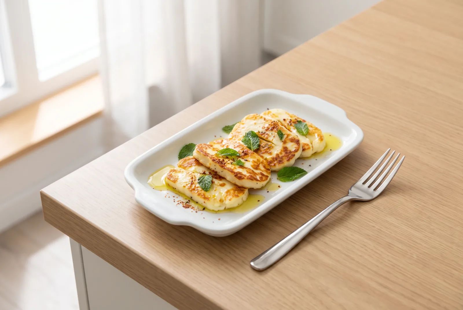 Syrian-style grilled halloumi — Olive oil snack with mint leaves